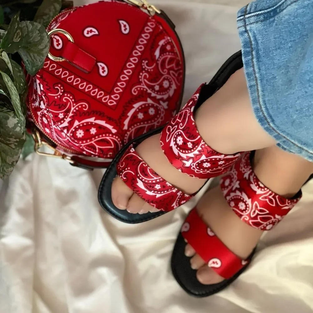 Red Bandana Double Strap Slides Sandals